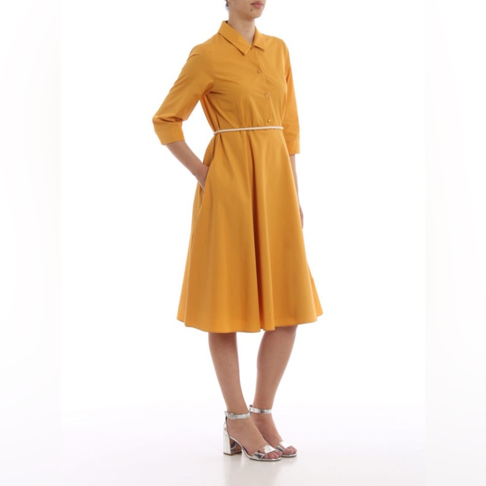 MaxMara golden yellow cotton poplin fit-and-flare shirt dress with pockets